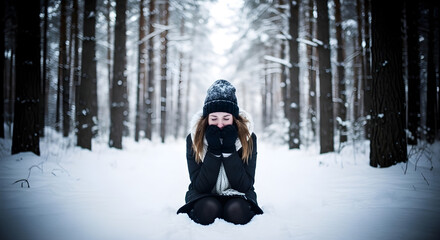 Fototapeta premium Woman sitting in snowy forest winter scene