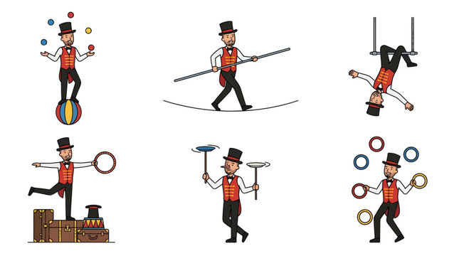 Dynamic illustrations of a skilled circus performer showcasing classic acts like juggling, tightrope walking, acrobatics and various balancing tricks