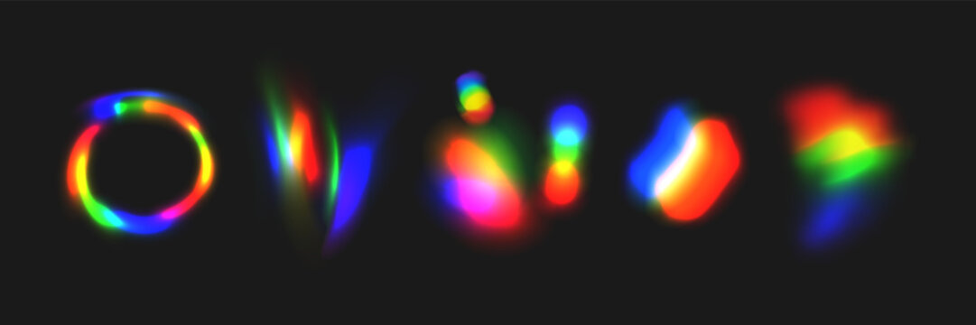 Rainbow Prism Light Effect with Iridescent Glass Texture. Holographic Flare Overlay, Crystal Lens Glare, Diamond Sparkle, and Abstract Transparent Neon Glow Set Isolated on Black Background.