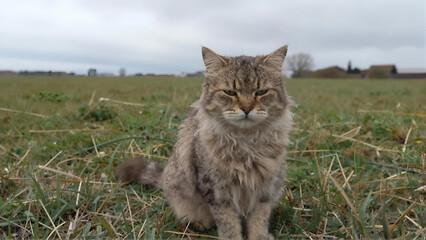 Naklejka premium Long haired fluffy cat sitting in a green meadow field