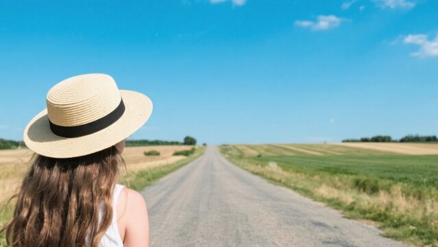 Woman in Hat Standing on Country Road.