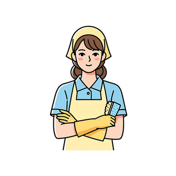 Illustration of a smiling female cleaner in apron and rubber gloves