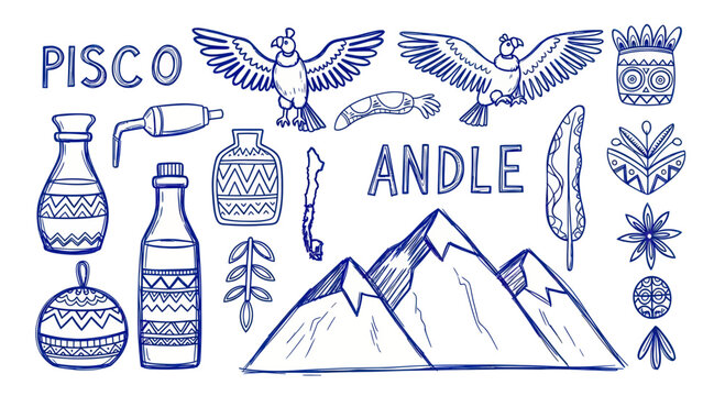 Andean Culture Symbols Pisco Mountains Condors and Feather.
