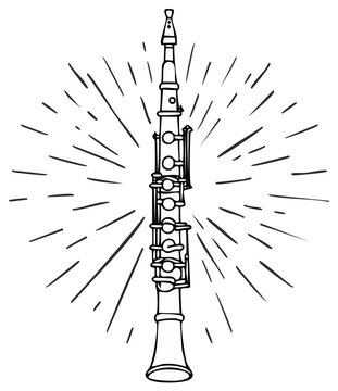 Hand-drawn illustration of an oboe with radiating lines, symbolizing music and sound