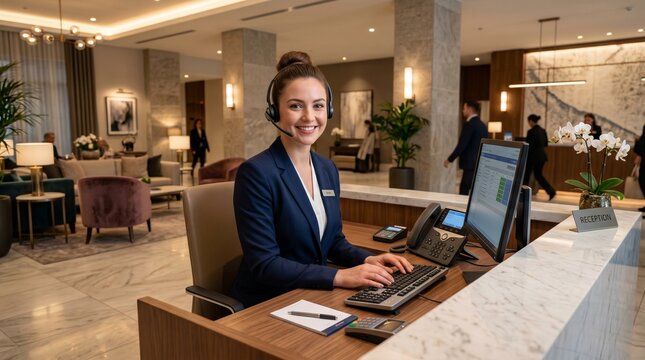 professional hotel receptionist assisting guest with laptop in modern luxury lobby