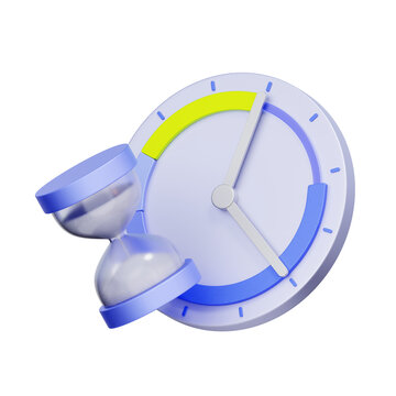 3D illustration of clock with hourglass for time management, deadline tracking, productivity, countdown, and scheduling.