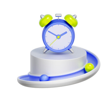3D illustration of alarm clock on podium with circular path for competition, ranking, top performance, winner, and time tracking.