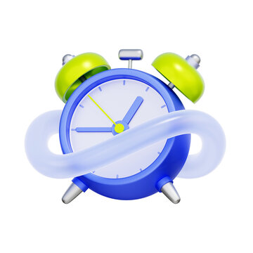 3D illustration of alarm clock with glass infinite loop for continuous improvement, repetitive tasks, time cycle, and eternal workflow.
