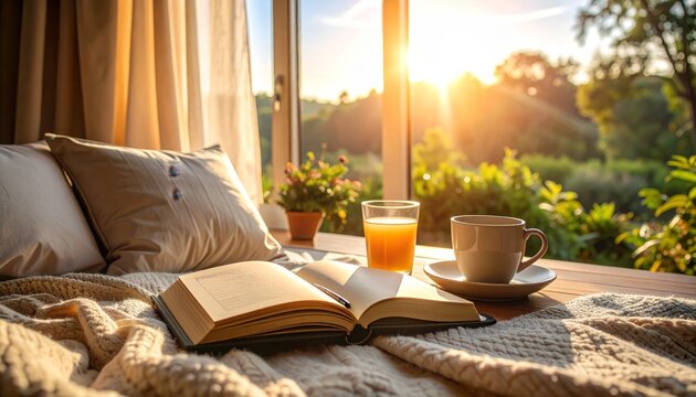 Cozy morning scene with open book, coffee, and sunrise view from the window