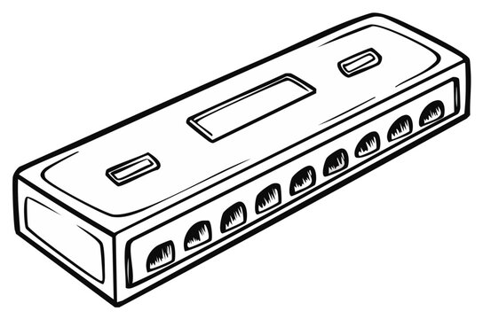 Black and white cartoon illustration of a harmonica musical instrument