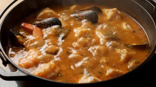 Delicious seafood stew with mussels and shrimp in a pot