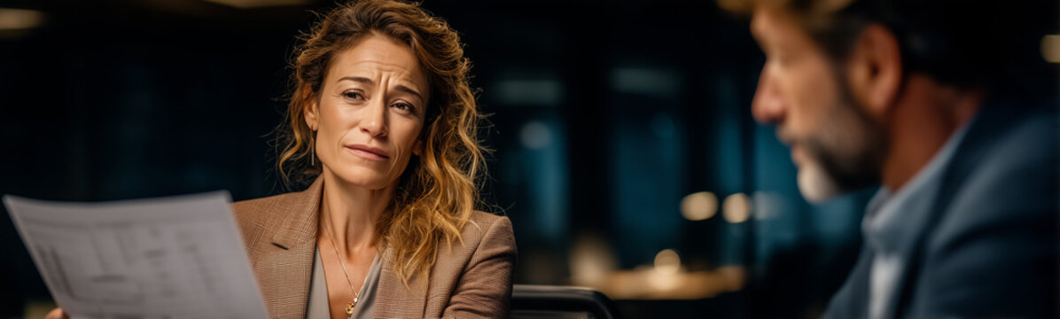 Uncertainty in the Boardroom: In a dimly lit boardroom, a woman expresses a furrowed brow while reviewing paperwork, and a colleague leans in to get a better look.