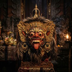 Obraz premium balinese barong mask, intricate carvings, gold ornaments, fur details, mystical aura, dramatic lighting, dark background, ultra detailed