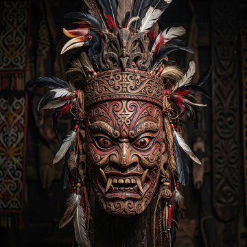 dayak tribal mask kalimantan, ethnic carvings, natural wood texture, red black patterns, mystical tribal style, dark background, ultra detailed