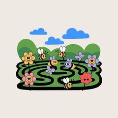 Fototapeta premium Whimsical bee maze illustration with colorful flowers and fluffy clouds, a playful digital artwork for children's designs and cheerful springtime concepts.