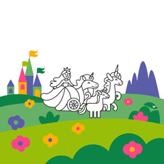 Naklejka premium Elegant princess riding a unicorn-drawn carriage through a fantastical landscape with castles and mountains, a charming digital illustration in a line art style.