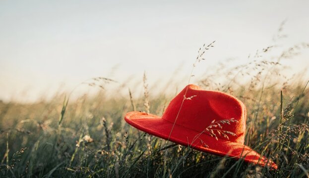 A red hat rests in tall grass under the blue sky during the evening hours in a rural field