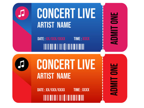 Concert tickets, live event tickets, admission passes, colorful ticket stubs, event entry passes