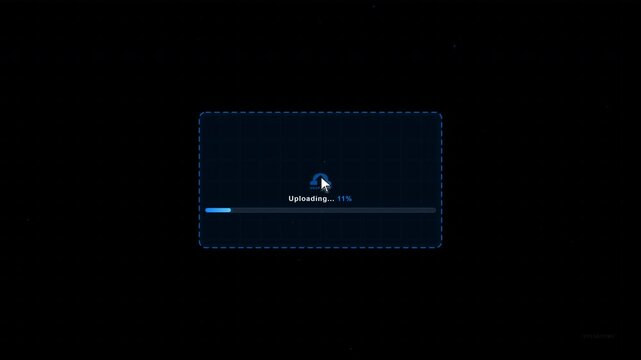 Digital motion graphics illustrating a document file uploading process with a progress bar and successful completion notification animation