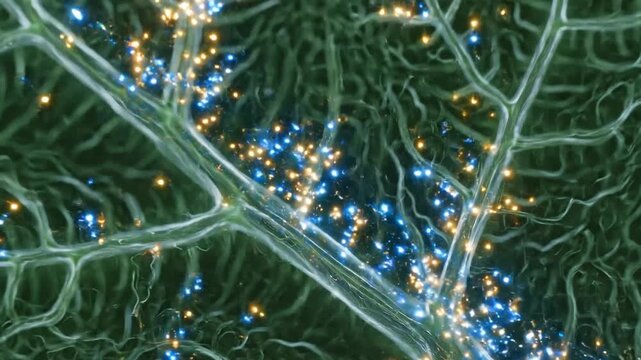 Microscopic Abstract of Energy Flowing Through Leaf Veins with Glowing Particles in High Quality 4K