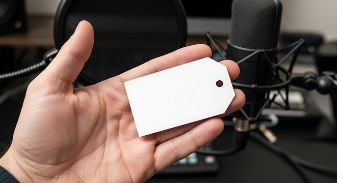 Hand holding blank white tag in a professional podcasting studio background