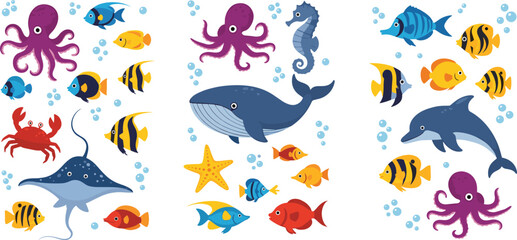 Colorful marine life collection featuring whale dolphin octopus fish seahorse stingray and starfish, cartoon ocean animals vector illustration set for kids design © MdNazmul