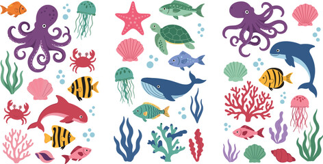Colorful ocean life collection featuring octopus dolphin whale fish jellyfish coral and shells, cute cartoon marine animals vector illustration set for kids design © MdNazmul