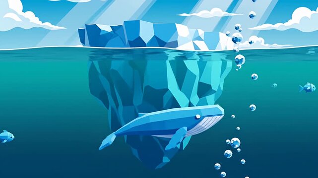Iceberg with whale and fish in blue ocean water