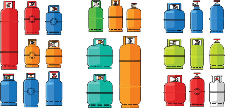 Colorful gas cylinder collection set with different sizes and shapes, propane and LPG tanks vector illustration for industrial, household and energy design use