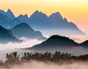 Obraz premium Misty Mountain Range at Sunrise Landscape