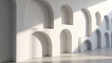 Fototapeta premium Minimalist abstract 3d architectural archways with soft natural sunlight and shadows, clean white concrete interior background, 4k