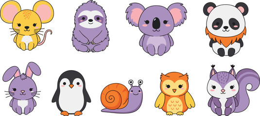 Fototapeta premium Cute cartoon animals collection with mouse, sloth, koala, panda, penguin, snail and owl, adorable wildlife characters set, vector illustration isolated on white background