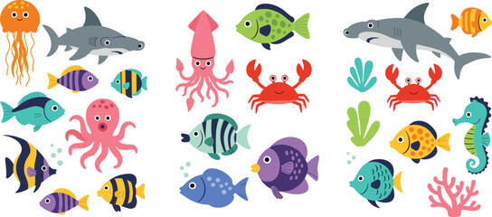 Fototapeta premium Cute cartoon marine animals collection featuring shark octopus crab fish and seahorse, colorful ocean life vector illustration set for kids and aquarium design