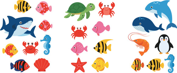 Cute cartoon ocean animals collection featuring shark dolphin whale fish crab turtle and penguin, colorful marine life vector illustration set for kids design © MdNazmul