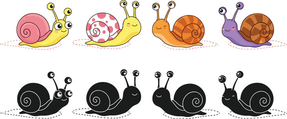Cute cartoon snail collection set with different shell patterns and colors, adorable crawling garden creatures vector illustration isolated for kids and nature design © MdNazmul