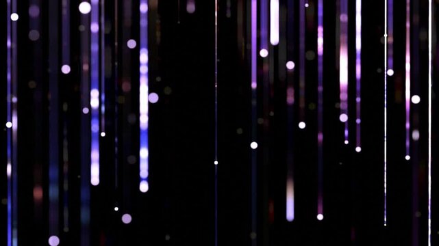 Abstract purple and blue glowing particle lines falling vertically on black background
