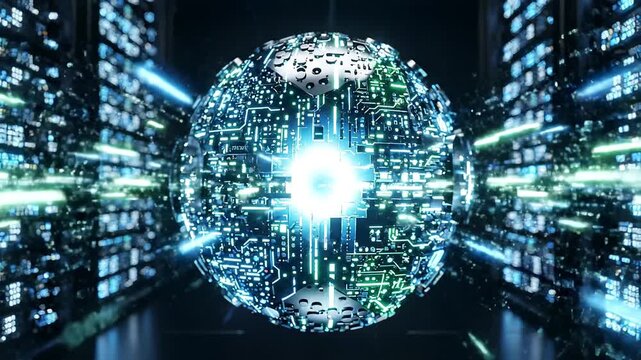 A futuristic digital globe with bright blue light glowing at its center surrounded by a dark room filled with rows of computer servers and data centers