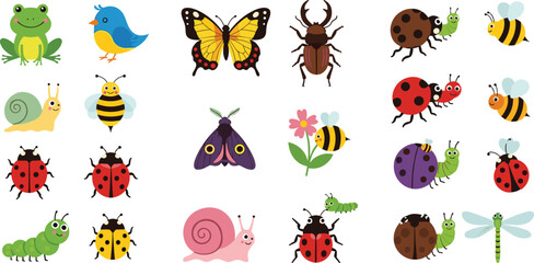 Cute garden insects and small animals collection with ladybugs, bees, butterfly, snail and frog, colorful cartoon nature vector illustration isolated on white background © MdNazmul