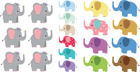 Cute elephant collection set with different colors and styles, cartoon safari animal vector illustration for kids, nursery decor and wildlife design projects © MdNazmul