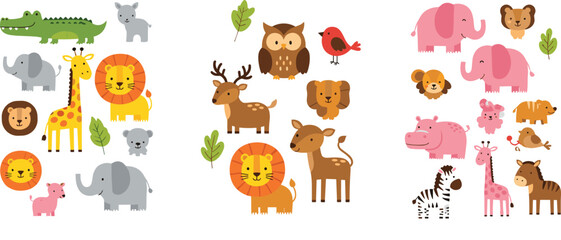 Naklejka premium Cute safari and zoo animals collection featuring lion elephant giraffe zebra deer and owl, colorful cartoon wildlife vector illustration set for kids design