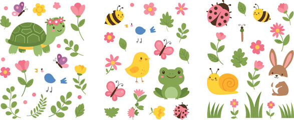 Cute spring garden elements and animals collection featuring flowers leaves insects birds turtle frog and bunny, colorful cartoon vector set for kids design © MdNazmul