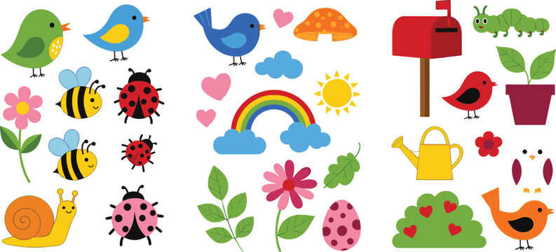 Cute spring garden elements collection with birds insects flowers rainbow and mailbox, colorful cartoon vector illustration set for kids nature and seasonal design