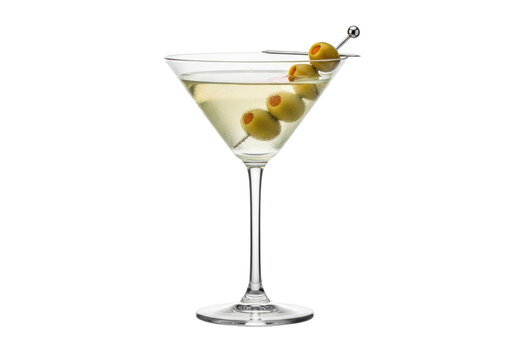 hyper-realistic close-up of a pale chartreuse dirty martini in an elegant coupe glass, garnished with three green pimento olives on a pick, against a transparent background. concept for premium