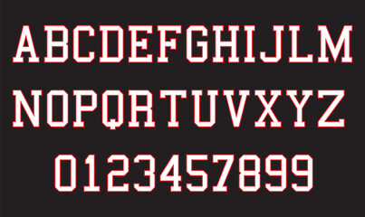 Obraz premium Red Varsity Athletic Font Alphabet and Numbers Set for Sports Team Jersey Branding Vector Design