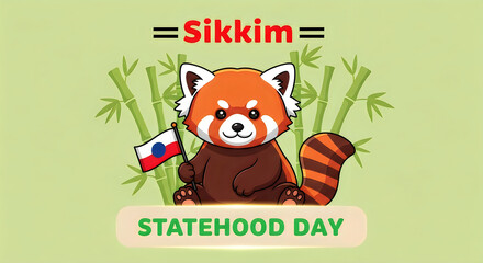 Fototapeta premium Cute cartoon red panda holding a flag for sikkim statehood day celebration with bamboo background