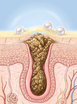 Close-up illustration of clogged pore with sebum and dead skin cells, concept of skin impurities and acne treatment