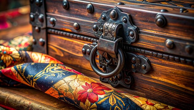 Macro Shot of Antique Iron Hardware Lock on Traditional Japanese Tansu Chest with Kimono Fabric