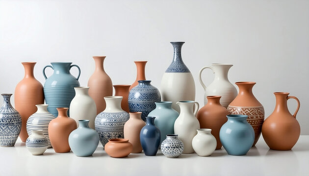Collection of various ceramic vases and earthenware pots in different shapes and colors on a white background.
