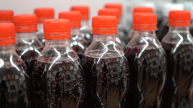 Close-up shot of many plastic bottles filled with a dark liquid and sealed with orange caps, ready for consumption