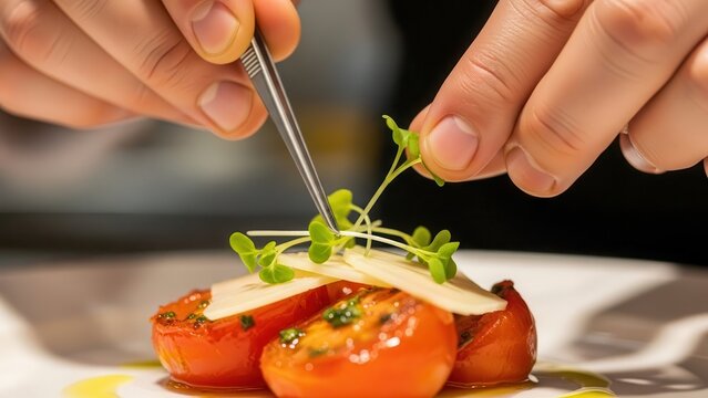 Chef garnishing a gourmet dish with tweezers